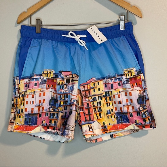 Topman Men’s SWIM TRUNKS LIGHT BLUE SIZE XL POLYESTER IN LIGHT BLUE MULTI - Picture 1 of 8